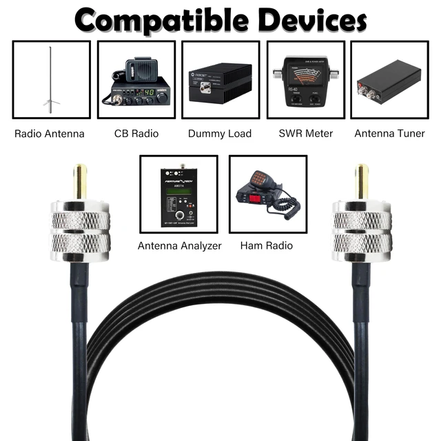 Alt view image 6 of 7 - CB Coax Cable 33 Feet Solid Copper, UHF Male PL-259 to UHF Male PL-259 Low Loss, RG58 Coaxial Cable 50 Ohm Coax for CB Radio, Ham Radio, SWR Meter, Police Scanner, Antenna Tuner (33FT)