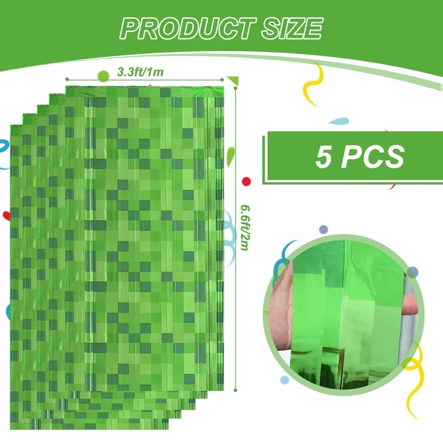 Alt view image 2 of 7 - 5 Pack Green Foil Fringe Curtains Pixel Birthday Backdrop, 3.3x6.6ft Video Game Door Streamers for Boys Gaming Birthday Party Decorations Supplies Favors