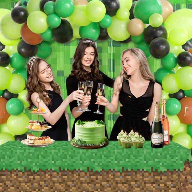 Alt view image 5 of 7 - 5 Pack Green Foil Fringe Curtains Pixel Birthday Backdrop, 3.3x6.6ft Video Game Door Streamers for Boys Gaming Birthday Party Decorations Supplies Favors