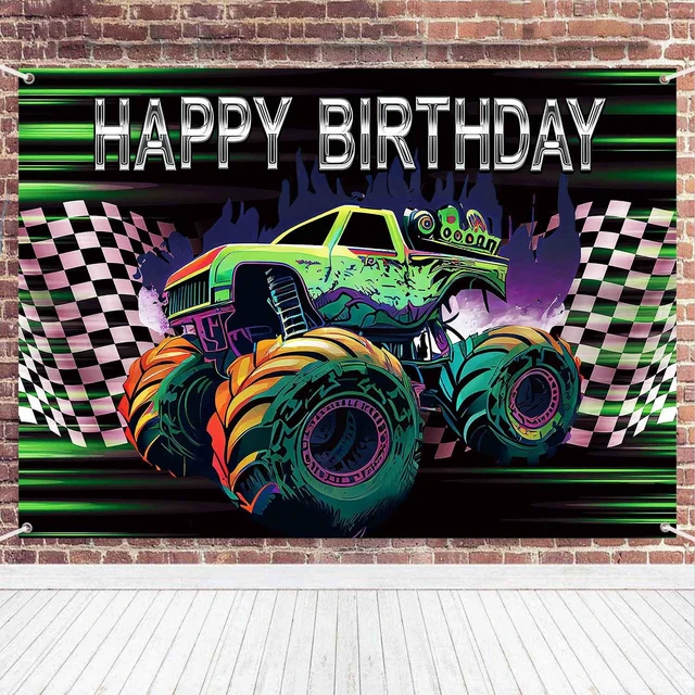 Alt view image 2 of 7 - Monster Truck Happy Birthday Banner Race Car Birthday Backdrop 8x6ft Monster Truck Birthday Decorations Boys Jam Grave Digger Party Decor Supplies Green Purple Race Car Photography Background