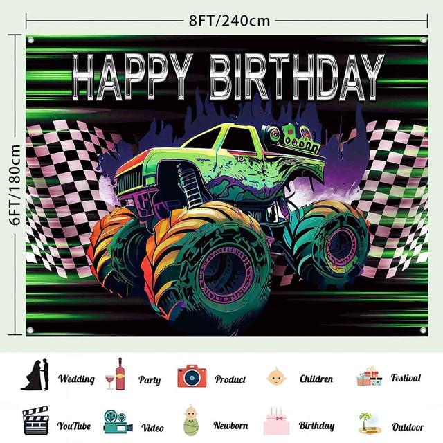 Alt view image 3 of 7 - Monster Truck Happy Birthday Banner Race Car Birthday Backdrop 8x6ft Monster Truck Birthday Decorations Boys Jam Grave Digger Party Decor Supplies Green Purple Race Car Photography Background