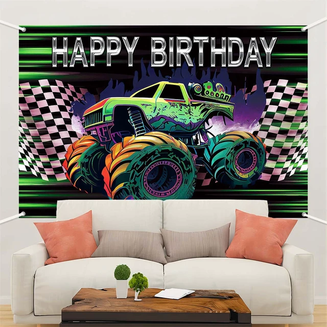 Alt view image 5 of 7 - Monster Truck Happy Birthday Banner Race Car Birthday Backdrop 8x6ft Monster Truck Birthday Decorations Boys Jam Grave Digger Party Decor Supplies Green Purple Race Car Photography Background
