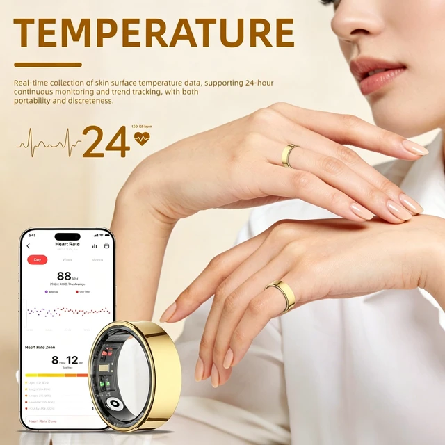 Alt view image 2 of 7 - Smart Ring Men Women, Sleep Monitor&Skin Temperature(Gold, 10) No Subscription Smart Ring with 5ATM Waterproof, Screen-Free Comfort, QRing App, Gesture Control, Cycle Tracking