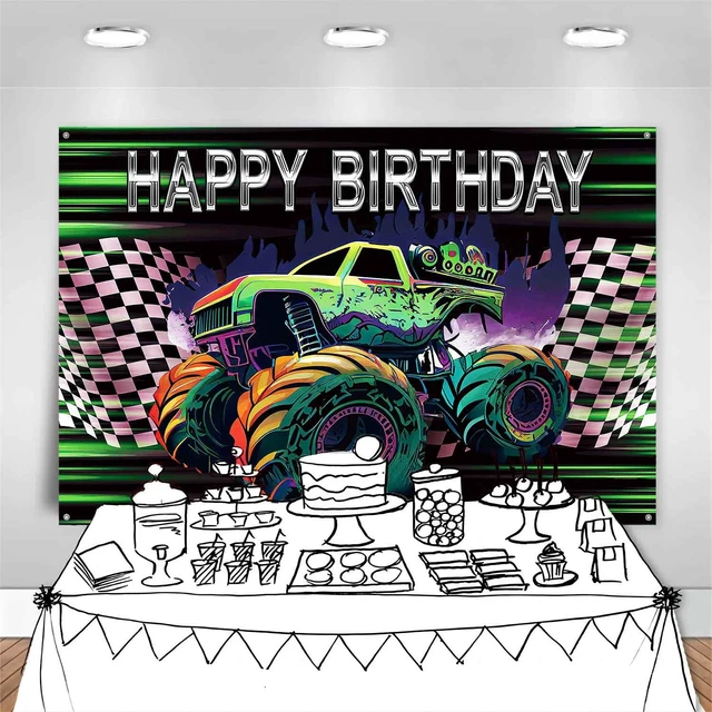Alt view image 6 of 7 - Monster Truck Happy Birthday Banner Race Car Birthday Backdrop 8x6ft Monster Truck Birthday Decorations Boys Jam Grave Digger Party Decor Supplies Green Purple Race Car Photography Background
