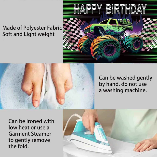 Alt view image 7 of 7 - Monster Truck Happy Birthday Banner Race Car Birthday Backdrop 8x6ft Monster Truck Birthday Decorations Boys Jam Grave Digger Party Decor Supplies Green Purple Race Car Photography Background