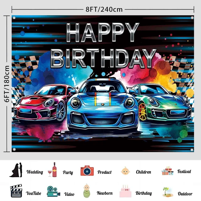 Alt view image 3 of 6 - 8x6ft Car Happy Birthday Banner Backdrop Racing Car Birthday Party Decorations for Boys Kids Watercolor Race Wheels Theme Party Photography Background Photo Booth Supplies