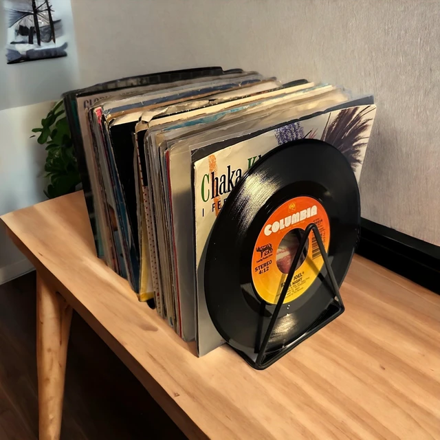 Alt view image 2 of 7 - 45rpm Vinyl Record Storage Rack - Premium 7inch Holder Stand Metal Wire Display Holds up to 50 Album Lp's - Simple and Contemporary Shelf Concept Design for 7" Records