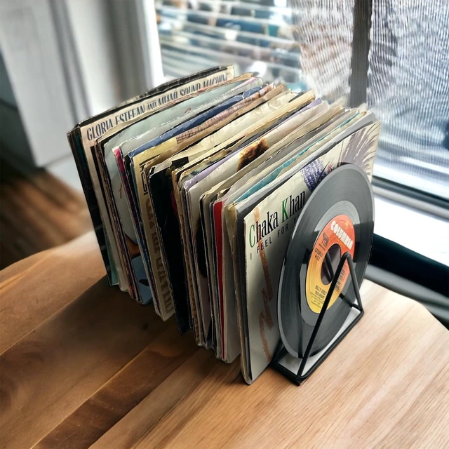 Alt view image 4 of 7 - 45rpm Vinyl Record Storage Rack - Premium 7inch Holder Stand Metal Wire Display Holds up to 50 Album Lp's - Simple and Contemporary Shelf Concept Design for 7" Records