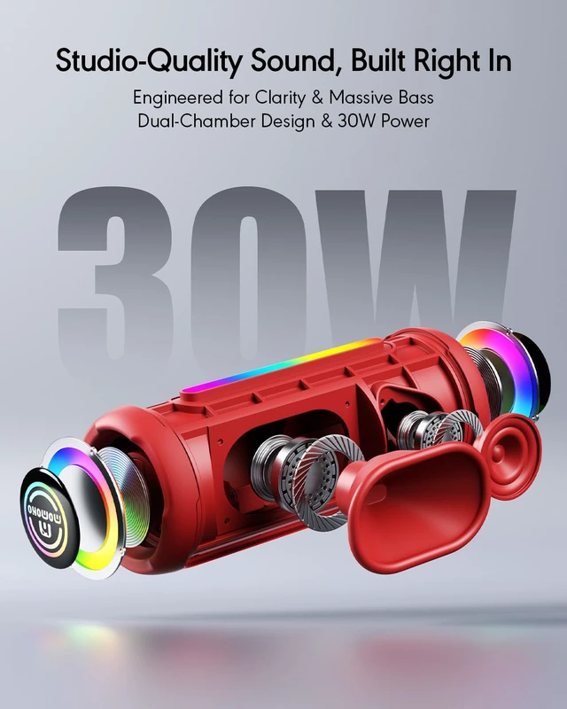 Alt view image 2 of 7 - Portable Bluetooth Speaker, IPX7 Waterproof Wireless Speaker, 30W Loud Stereo Sound with Deep Bass, Bluetooth 5.4, EQ Mode for Home/Outdoor/Travel, Birthday Gifts for Adults Men Women Teen (Red)