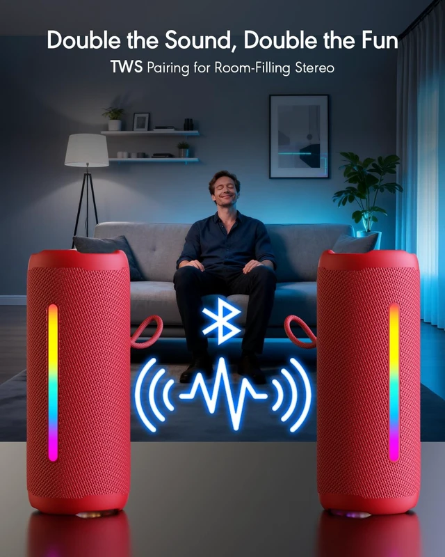 Alt view image 5 of 7 - Portable Bluetooth Speaker, IPX7 Waterproof Wireless Speaker, 30W Loud Stereo Sound with Deep Bass, Bluetooth 5.4, EQ Mode for Home/Outdoor/Travel, Birthday Gifts for Adults Men Women Teen (Red)