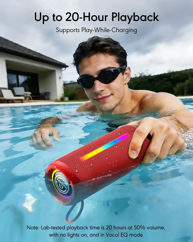 Alt view image 6 of 7 - Portable Bluetooth Speaker, IPX7 Waterproof Wireless Speaker, 30W Loud Stereo Sound with Deep Bass, Bluetooth 5.4, EQ Mode for Home/Outdoor/Travel, Birthday Gifts for Adults Men Women Teen (Red)