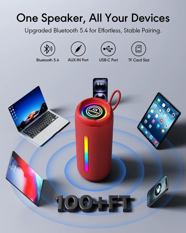 Alt view image 7 of 7 - Portable Bluetooth Speaker, IPX7 Waterproof Wireless Speaker, 30W Loud Stereo Sound with Deep Bass, Bluetooth 5.4, EQ Mode for Home/Outdoor/Travel, Birthday Gifts for Adults Men Women Teen (Red)