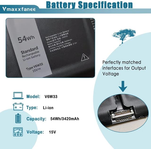 Alt view image 2 of 7 - 54Wh V6W33 Laptop Battery Replacement for Dell Inspiron 3510 3511 3515 5310 5410 5418 5510 5515 5630 5635 5518 5625 Latitude 3420 3520 3320 3330 Vostro 3515 3525 5620 5625 G91J0 TN70C