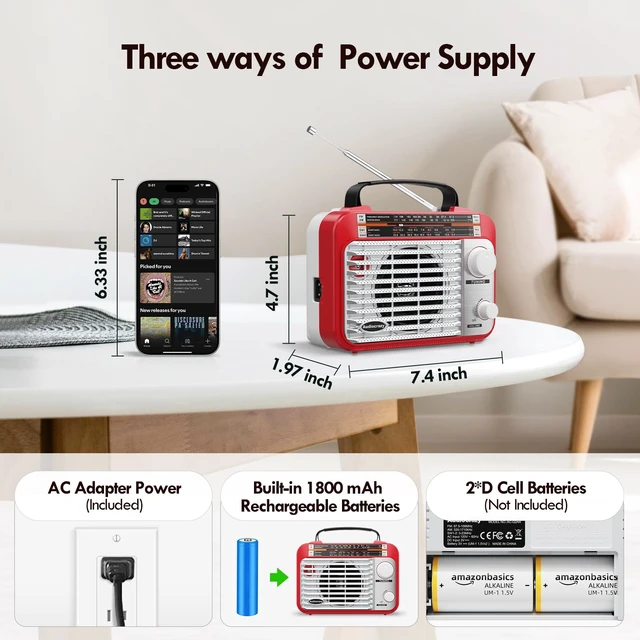 Alt view image 3 of 7 - AM/FM/SW1-2 Radio Shortwave Transistor Radio AC or Battery Operated with Best Reception Big Speaker and Precise Tuning Knob with AUX in & 3.5mm Earphone Jack