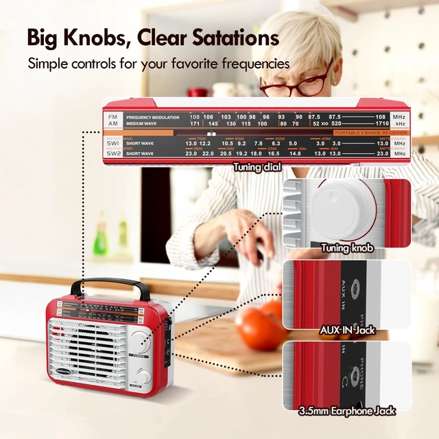 Alt view image 4 of 7 - AM/FM/SW1-2 Radio Shortwave Transistor Radio AC or Battery Operated with Best Reception Big Speaker and Precise Tuning Knob with AUX in & 3.5mm Earphone Jack