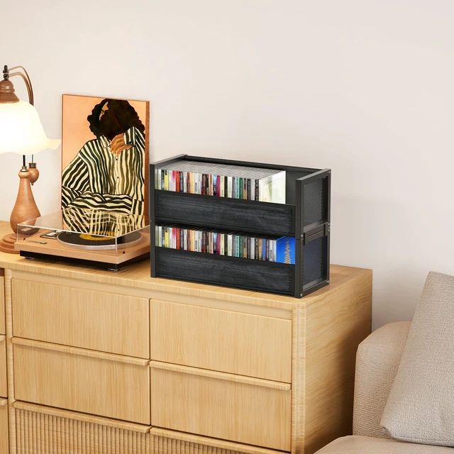 Alt view image 4 of 7 - Stackable CD Storage Cases Box Fits 80 CDs (Black, 2 PCS) Dual magnets on front flap, Stacking L-shaped brackets, Non-slip pad, for Tower and Cabinet, Holder Rack for Large-capacity