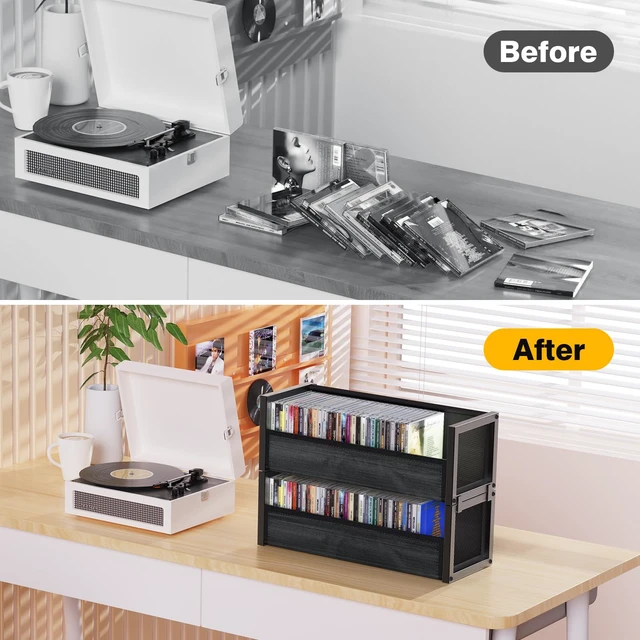 Alt view image 3 of 7 - Stackable CD Storage Cases Box Fits 80 CDs (Black, 2 PCS) Dual magnets on front flap, Stacking L-shaped brackets, Non-slip pad, for Tower and Cabinet, Holder Rack for Large-capacity