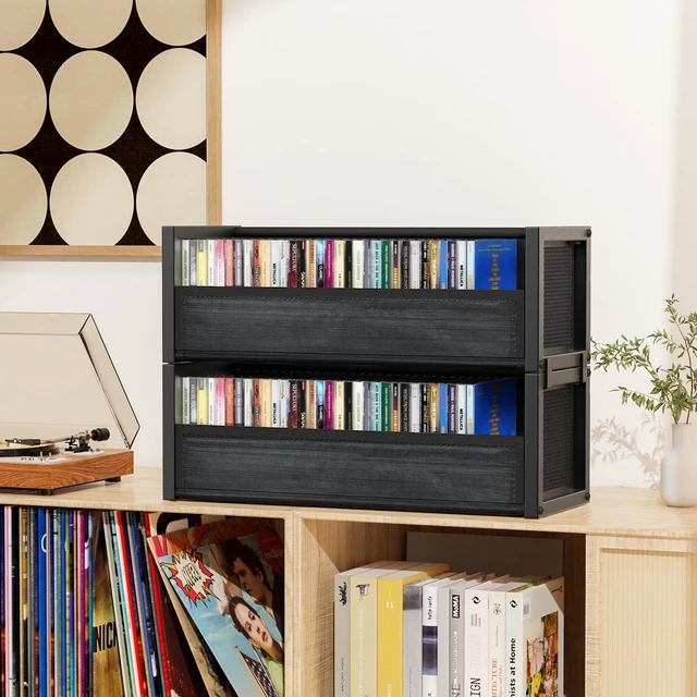 Alt view image 6 of 7 - Stackable CD Storage Cases Box Fits 80 CDs (Black, 2 PCS) Dual magnets on front flap, Stacking L-shaped brackets, Non-slip pad, for Tower and Cabinet, Holder Rack for Large-capacity