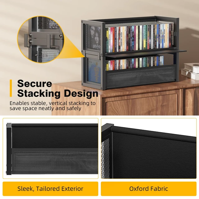 Alt view image 5 of 7 - Stackable CD Storage Cases Box Fits 80 CDs (Black, 2 PCS) Dual magnets on front flap, Stacking L-shaped brackets, Non-slip pad, for Tower and Cabinet, Holder Rack for Large-capacity