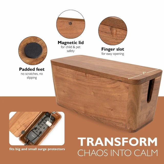 Alt view image 3 of 7 - Extra Large Cable Management Box, Power Strip & Cord Hider, Desk Organizer Acacia Wood, Cable Organizer, Rustic Style, Modern Design, Desktop Storage