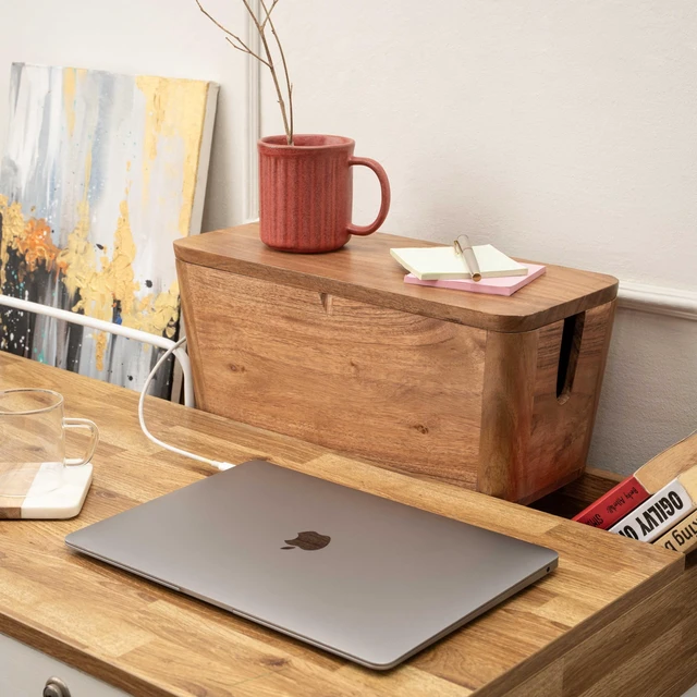Alt view image 5 of 7 - Extra Large Cable Management Box, Power Strip & Cord Hider, Desk Organizer Acacia Wood, Cable Organizer, Rustic Style, Modern Design, Desktop Storage