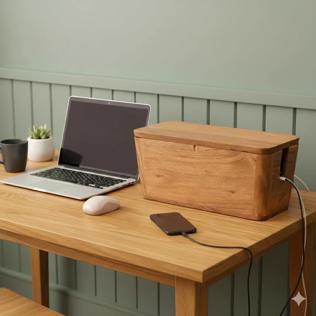 Alt view image 7 of 7 - Extra Large Cable Management Box, Power Strip & Cord Hider, Desk Organizer Acacia Wood, Cable Organizer, Rustic Style, Modern Design, Desktop Storage