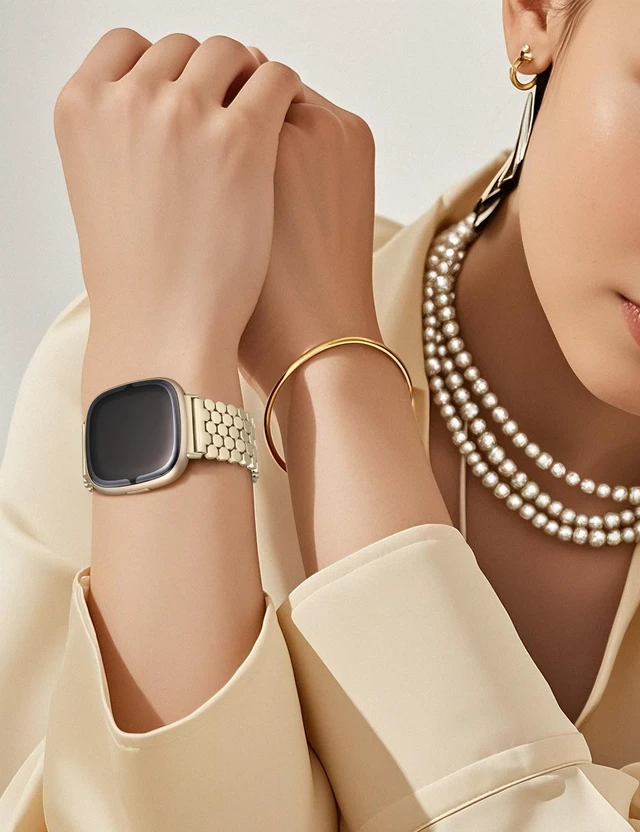 Alt view image 6 of 6 - Metal Bands Compatible with Fitbit Sense 2/Versa 4/Versa 3/Sense Bands Women, Dressy Stainless Steel Chain Honeycomb Designer Luxury Chic Link Bracelet Wristband Replacement Strap for Versa 4