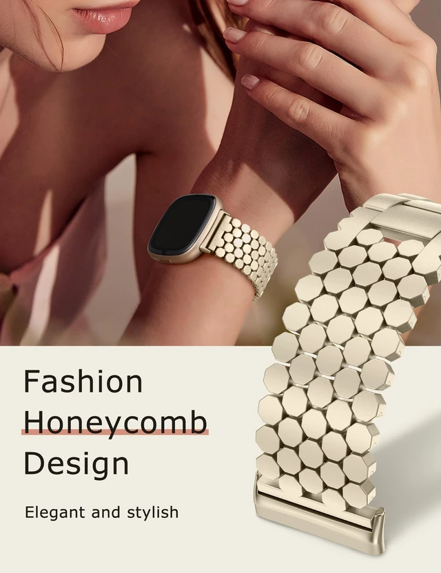 Alt view image 5 of 6 - Metal Bands Compatible with Fitbit Sense 2/Versa 4/Versa 3/Sense Bands Women, Dressy Stainless Steel Chain Honeycomb Designer Luxury Chic Link Bracelet Wristband Replacement Strap for Versa 4