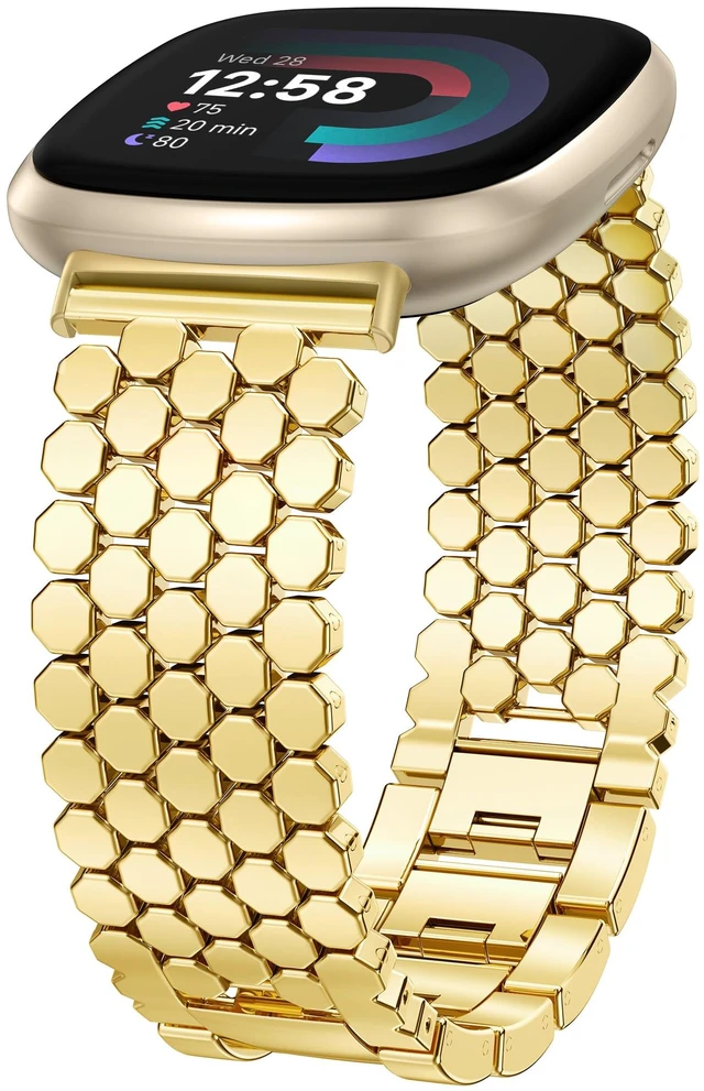 Main image of Metal Bands Compatible with Fitbit Sense 2/Versa 4/Versa 3/Sense Bands Women, Dressy Stainless Steel Chain Honeycomb Designer Luxury Chic Link Bracelet Wristband Replacement Strap for Versa 4