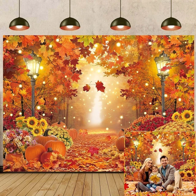 Main image of Fall Photo Backdrop Autumn Pumpkins Maple Leaves Forest Scenery Background 8x6ft Autumn Harvest Photography Backdrop,Fall Thanksgiving Day Friendsgiving Party Decorations Banner Booth Props