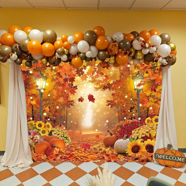 Alt view image 3 of 7 - Fall Photo Backdrop Autumn Pumpkins Maple Leaves Forest Scenery Background 8x6ft Autumn Harvest Photography Backdrop,Fall Thanksgiving Day Friendsgiving Party Decorations Banner Booth Props