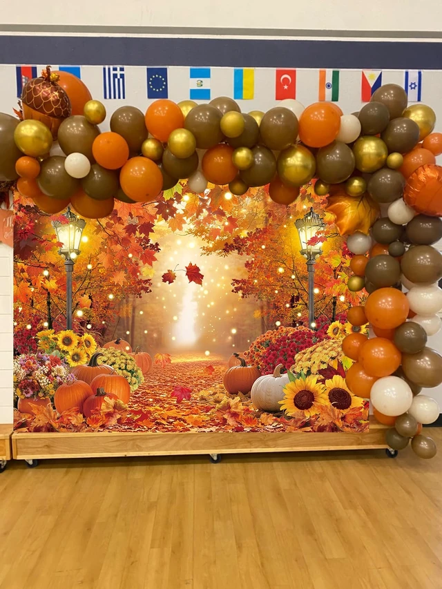 Alt view image 4 of 7 - Fall Photo Backdrop Autumn Pumpkins Maple Leaves Forest Scenery Background 8x6ft Autumn Harvest Photography Backdrop,Fall Thanksgiving Day Friendsgiving Party Decorations Banner Booth Props