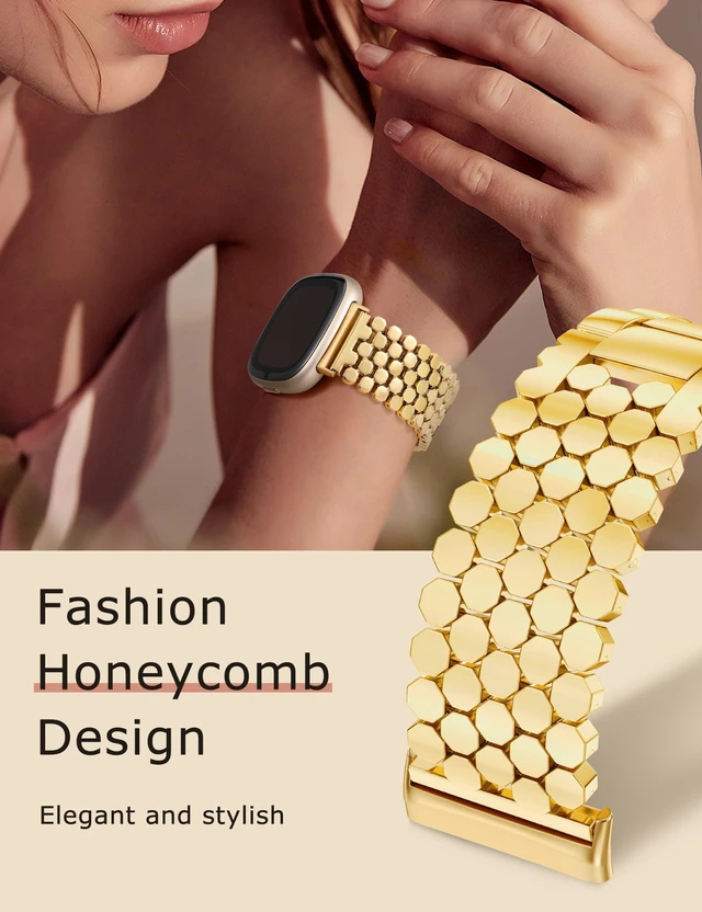 Alt view image 5 of 6 - Metal Bands Compatible with Fitbit Sense 2/Versa 4/Versa 3/Sense Bands Women, Dressy Stainless Steel Chain Honeycomb Designer Luxury Chic Link Bracelet Wristband Replacement Strap for Versa 4