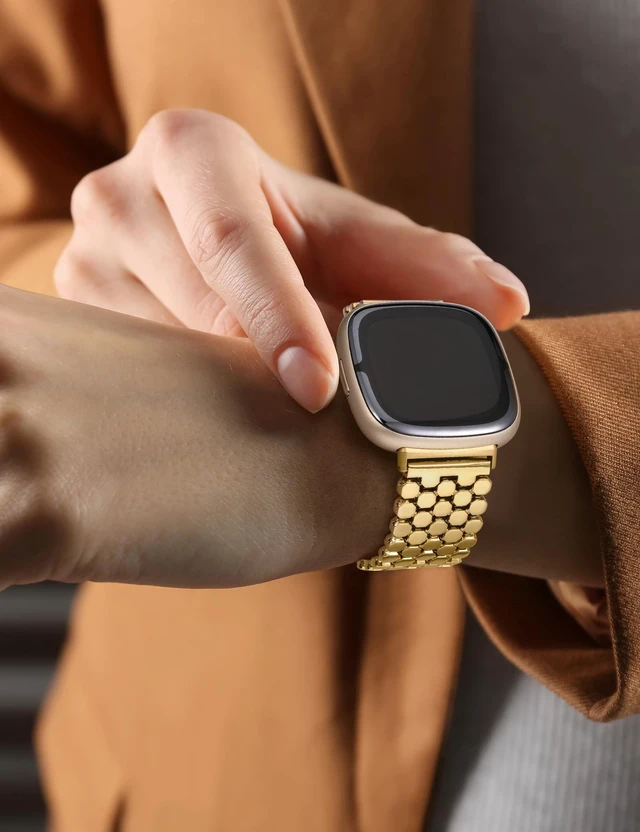Alt view image 6 of 6 - Metal Bands Compatible with Fitbit Sense 2/Versa 4/Versa 3/Sense Bands Women, Dressy Stainless Steel Chain Honeycomb Designer Luxury Chic Link Bracelet Wristband Replacement Strap for Versa 4