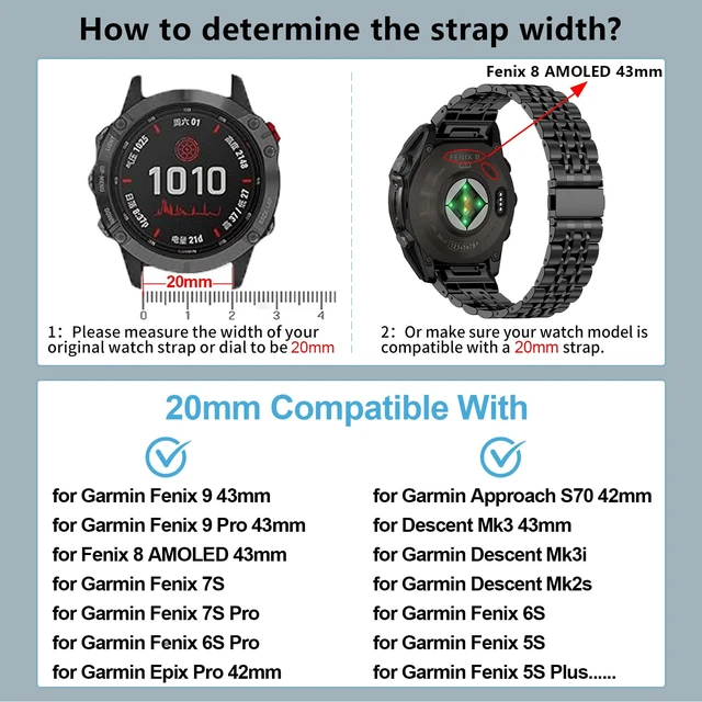 Alt view image 2 of 6 - 20mm Metal QuickFit Watch Band for Garmin Fenix 9 43mm/8 43mm/7S/6S/5S Stainless Steel Strap for Fenix 7S Pro/6S Pro/5S Plus,Epix Pro/Approach S70 42mm,Descent Mk3i 43mm,for Business & Commute