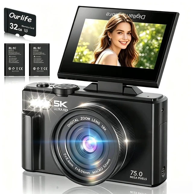 Main image of 75MP Digital Cameras for Photography with WiFi,5K Vlogging Camera YouTube with 18X Zoom,3" 180°Flip Screen Selfie Camera Compact Travel Camera for Beginner Teens,2*Battery(32GB Card)