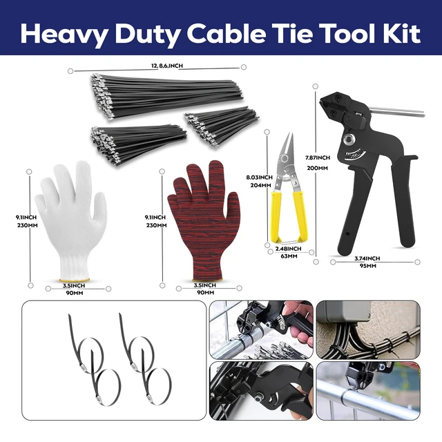 Alt view image 2 of 7 - Stainless Steel Zip Ties Kit, 306 Pack Metal Cable Ties, Black 304 Epoxy Coated, Includes 6", 8" & 11.8" Ties With Plier, Scissor, Pair-Red Gloves, Pair-White Gloves, Bag, 1 Screw Driver