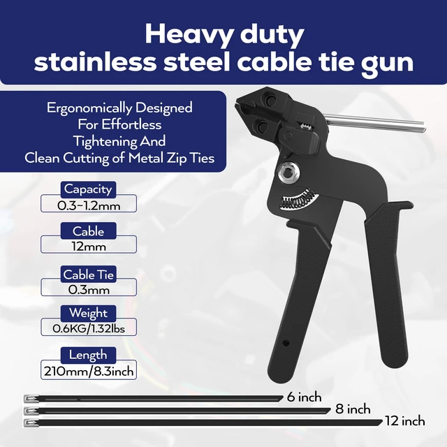 Alt view image 3 of 7 - Stainless Steel Zip Ties Kit, 306 Pack Metal Cable Ties, Black 304 Epoxy Coated, Includes 6", 8" & 11.8" Ties With Plier, Scissor, Pair-Red Gloves, Pair-White Gloves, Bag, 1 Screw Driver