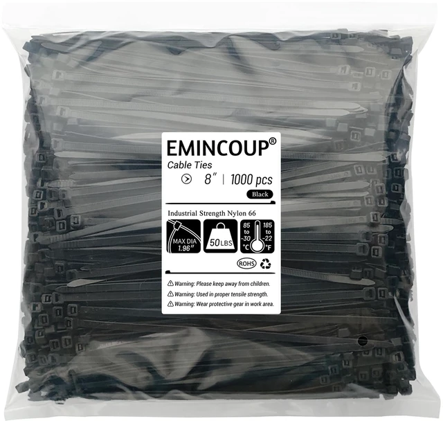 Main image of 8 inch Zip Ties 1000 Pack, Black Cable Ties with 50lbs Tensile Strength, Self-Locking Plastic Wire Ties for Indoor and Outdoor Use by