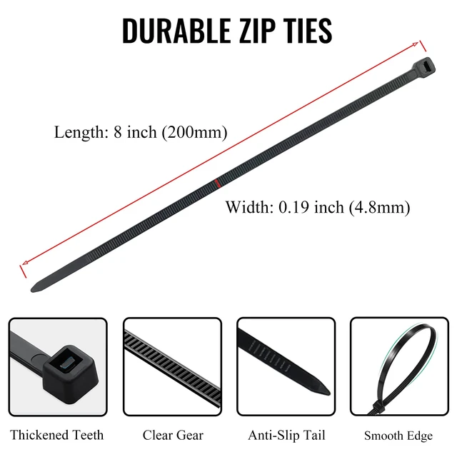 Alt view image 3 of 7 - 8 inch Zip Ties 1000 Pack, Black Cable Ties with 50lbs Tensile Strength, Self-Locking Plastic Wire Ties for Indoor and Outdoor Use by