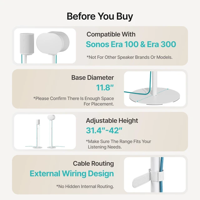 Alt view image 6 of 7 - Speaker Stands Pair for Sonos Era 100, 100 SL, 300, External Cable, White 31.4"42" lockable height, Only compatible with Sonos Era Series,External cable management with securing straps