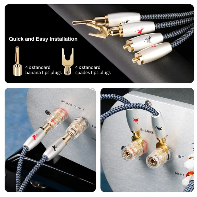 Alt view image 5 of 7 - 14AWG Audiophile Speaker Cable with 4mm Banana Plugs, Double-Shielded & Cotton-Braided for Home Theater, Stereo Amplifier and Hi-Fi Speakers (4.92ft/1.5m)