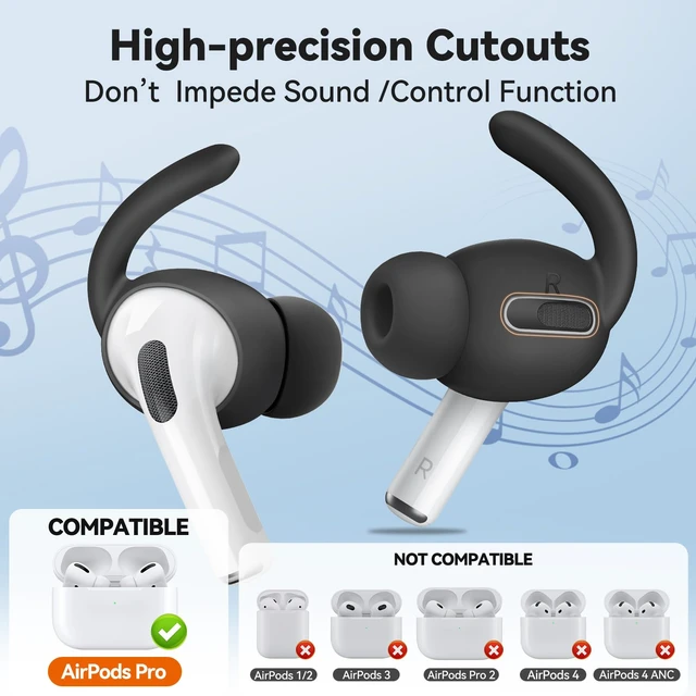 Alt view image 2 of 7 - 4 Paris for AirPods Pro 1 Ear Hooks, Anti-Slip Ear Tips (Black) Silicone, Soft, Skin-friendly, Comfortable to Wear, Fits All Ear Shapes, with Cleaning Pen/Carabiner/Storage Pouch