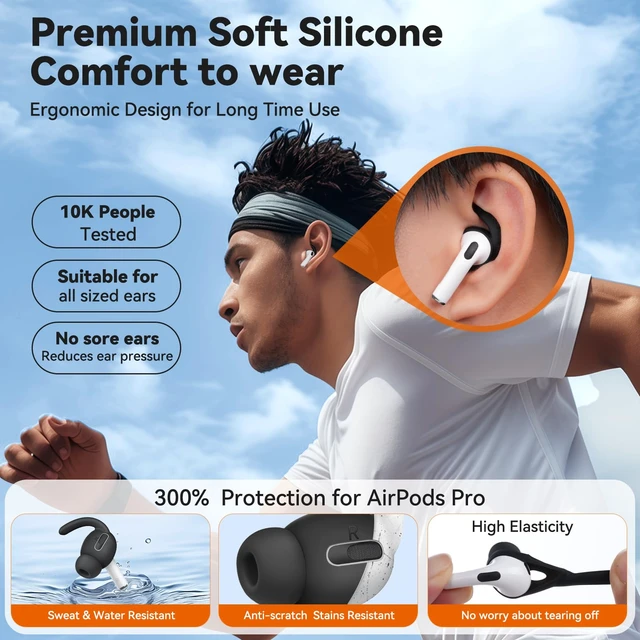 Alt view image 3 of 7 - 4 Paris for AirPods Pro 1 Ear Hooks, Anti-Slip Ear Tips (Black) Silicone, Soft, Skin-friendly, Comfortable to Wear, Fits All Ear Shapes, with Cleaning Pen/Carabiner/Storage Pouch