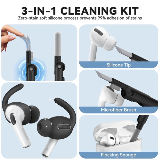 Alt view image 5 of 7 - 4 Paris for AirPods Pro 1 Ear Hooks, Anti-Slip Ear Tips (Black) Silicone, Soft, Skin-friendly, Comfortable to Wear, Fits All Ear Shapes, with Cleaning Pen/Carabiner/Storage Pouch