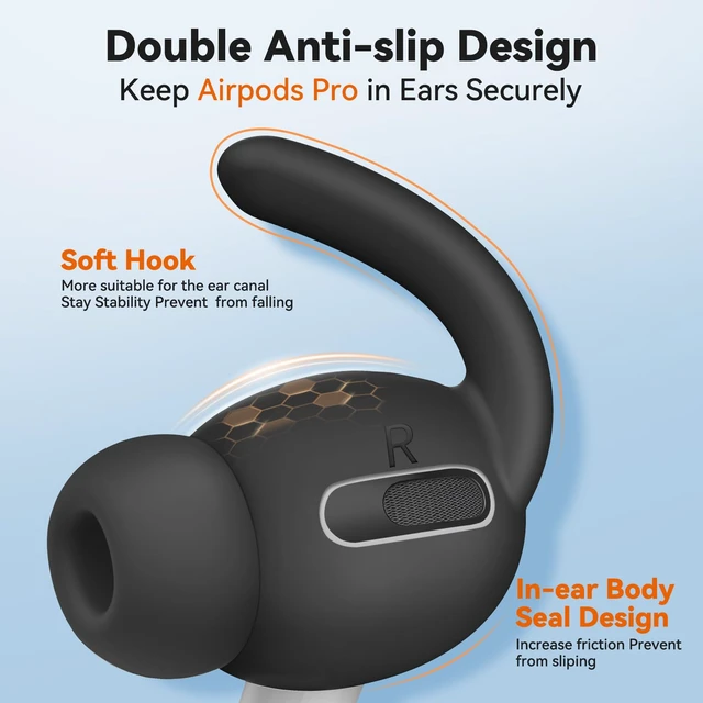 Alt view image 4 of 7 - 4 Paris for AirPods Pro 1 Ear Hooks, Anti-Slip Ear Tips (Black) Silicone, Soft, Skin-friendly, Comfortable to Wear, Fits All Ear Shapes, with Cleaning Pen/Carabiner/Storage Pouch