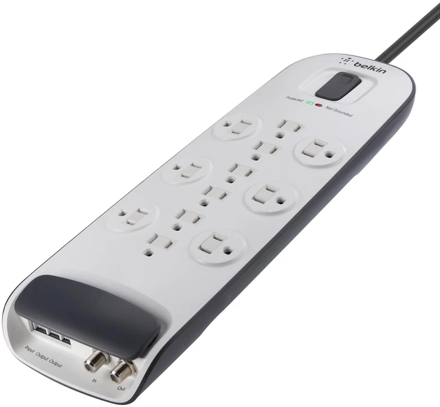 Main image of 12-Outlet Surge Protector Power Strip, 3000J, 8ft Cord, Angled Plug overload protection, coax, RJ45, and telephone line protection, home office, entertainment center