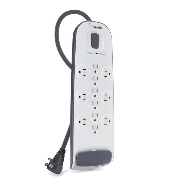 Alt view image 2 of 7 - 12-Outlet Surge Protector Power Strip, 3000J, 8ft Cord, Angled Plug overload protection, coax, RJ45, and telephone line protection, home office, entertainment center