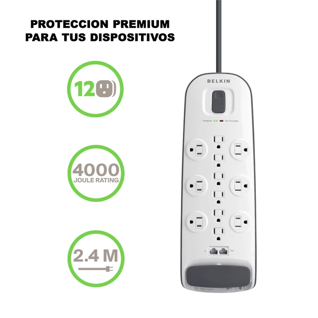 Alt view image 6 of 7 - 12-Outlet Surge Protector Power Strip, 3000J, 8ft Cord, Angled Plug overload protection, coax, RJ45, and telephone line protection, home office, entertainment center