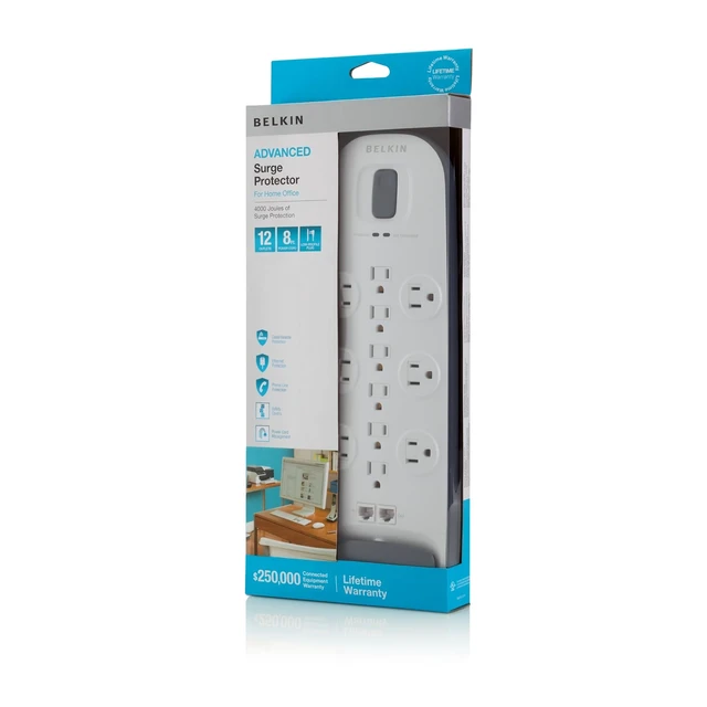 Alt view image 7 of 7 - 12-Outlet Surge Protector Power Strip, 3000J, 8ft Cord, Angled Plug overload protection, coax, RJ45, and telephone line protection, home office, entertainment center